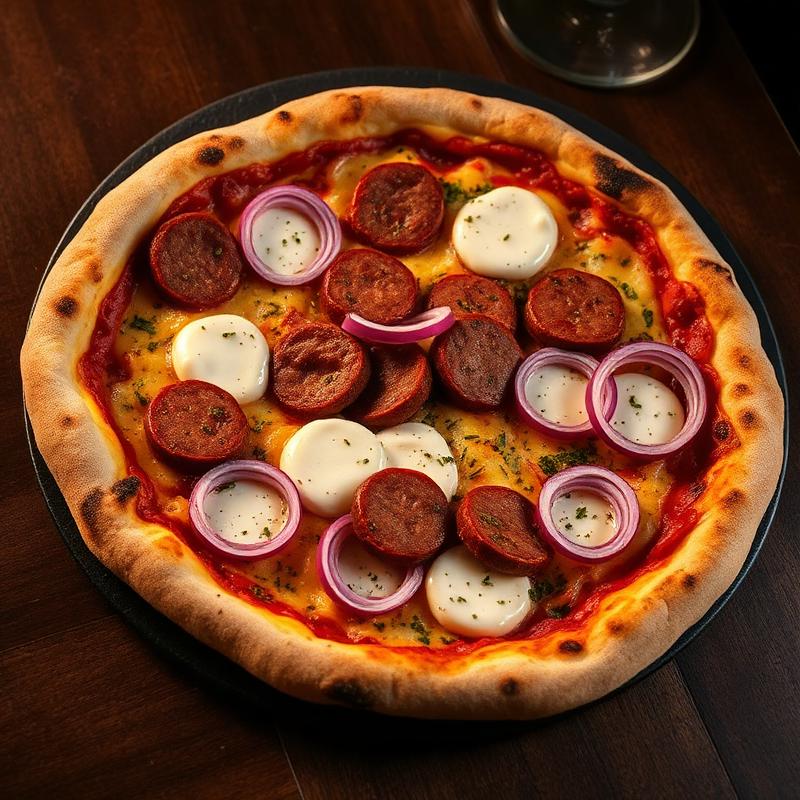 Pizza de calabresa fatiada com anéis de cebola roxa