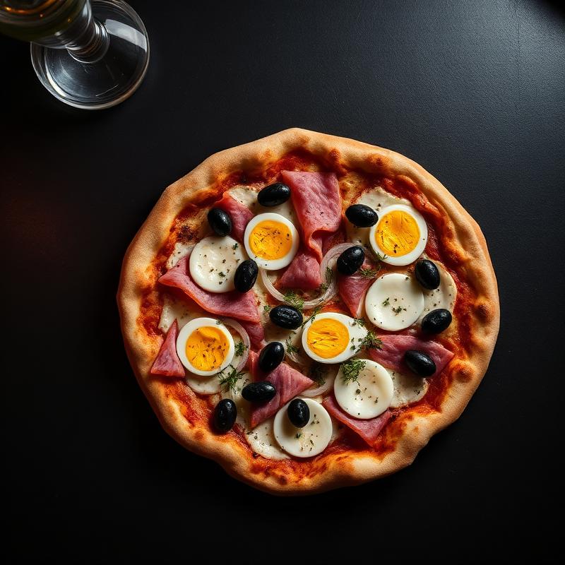 Pizza portuguesa com presunto, ovo, cebola e azeitonas